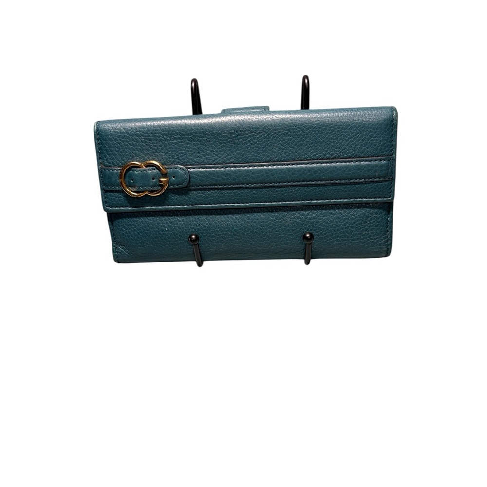 Gucci Interlocking G Teal Blue Pebbled Leather Continental Flap Wallet GUC